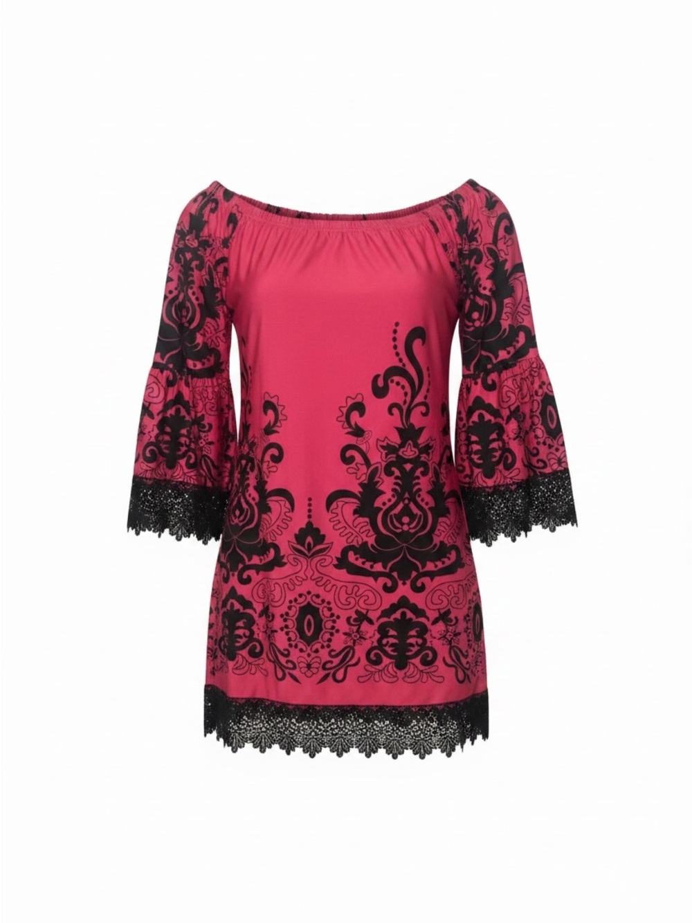 <NWT> White Mark Hot Pink Tunic/Dress  with Black Baroque Print | Size M